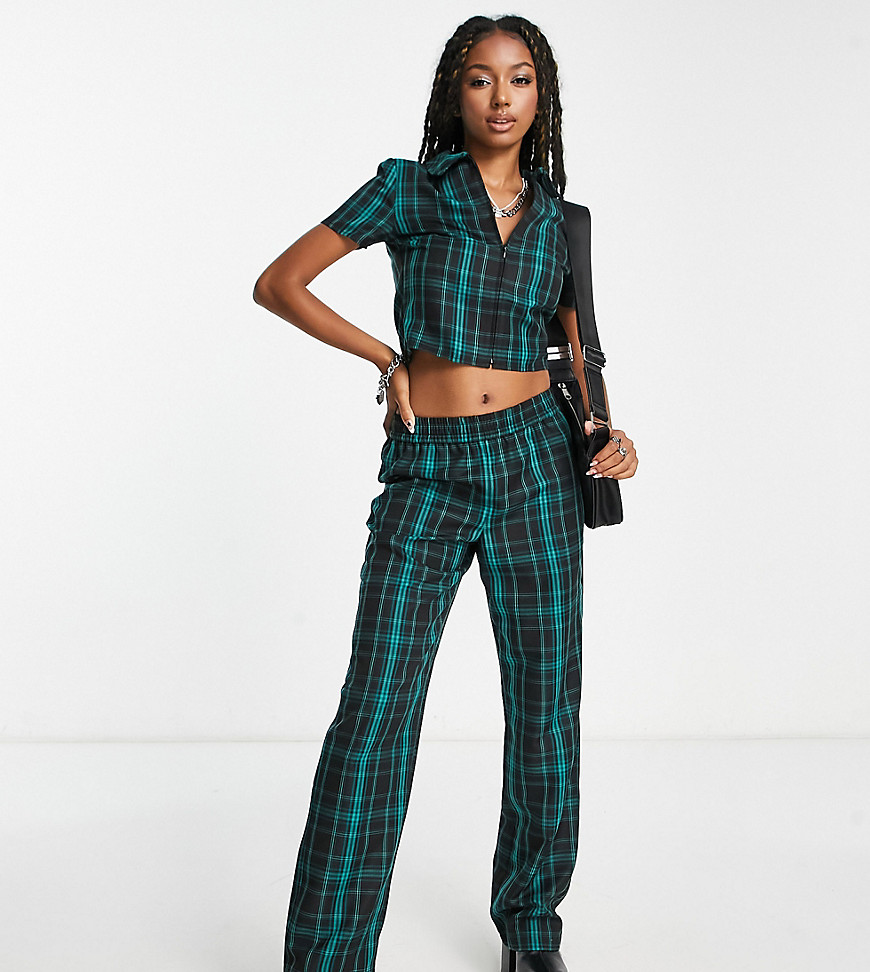 pull on tailored check pants in dark green - part of a set