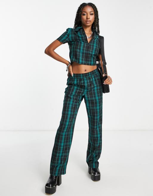 High Waist Green Plaid Loose Pants