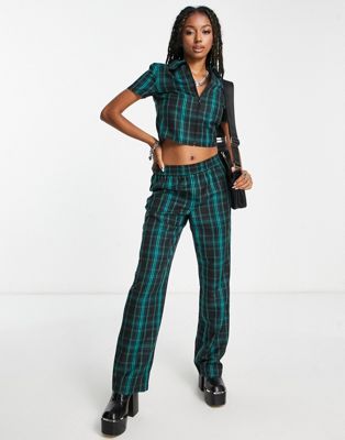 COLLUSION pull on tailored check trouser co-ord in dark green