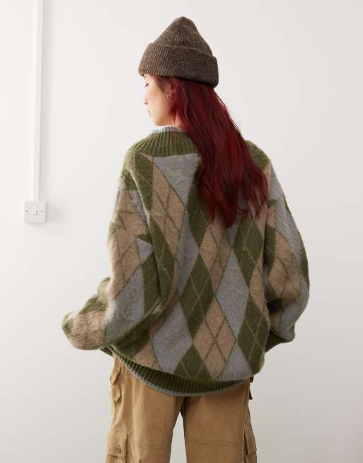 Collusion - Pull oversize à col V et motif losanges - Vert, 2 de 4