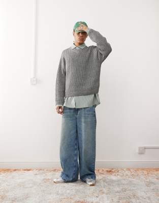 COLLUSION - Pull oversize à col V - Gris