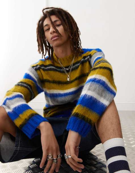 COLLUSION - Pull ras de cou oversize en maille duveteuse brossée - Jaune rayé - view 1