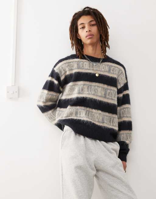 COLLUSION - Pull rayé oversize en maille duveteuse avec logos - Bleu, 3 de 4