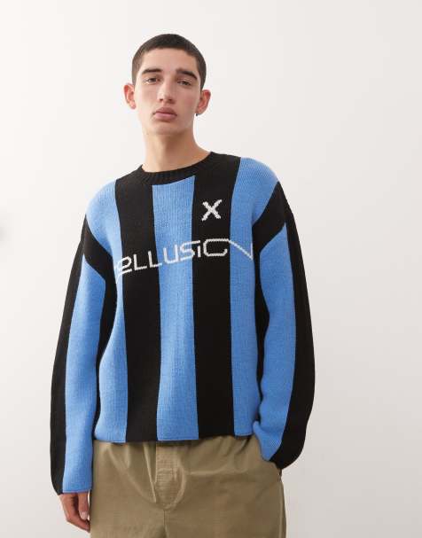COLLUSION - Pull style football en maille à rayures - Bleu - view 1