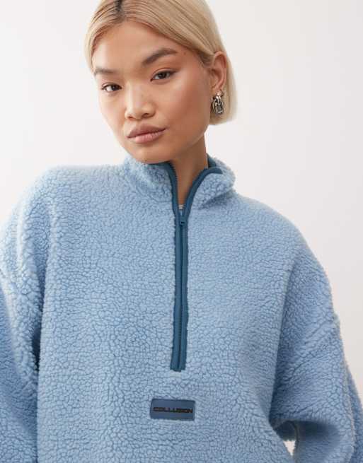 COLLUSION quarter zip borg fleece in blue