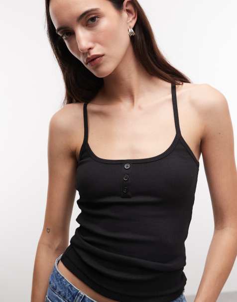 COLLUSION racer back henley cami in black - view 1