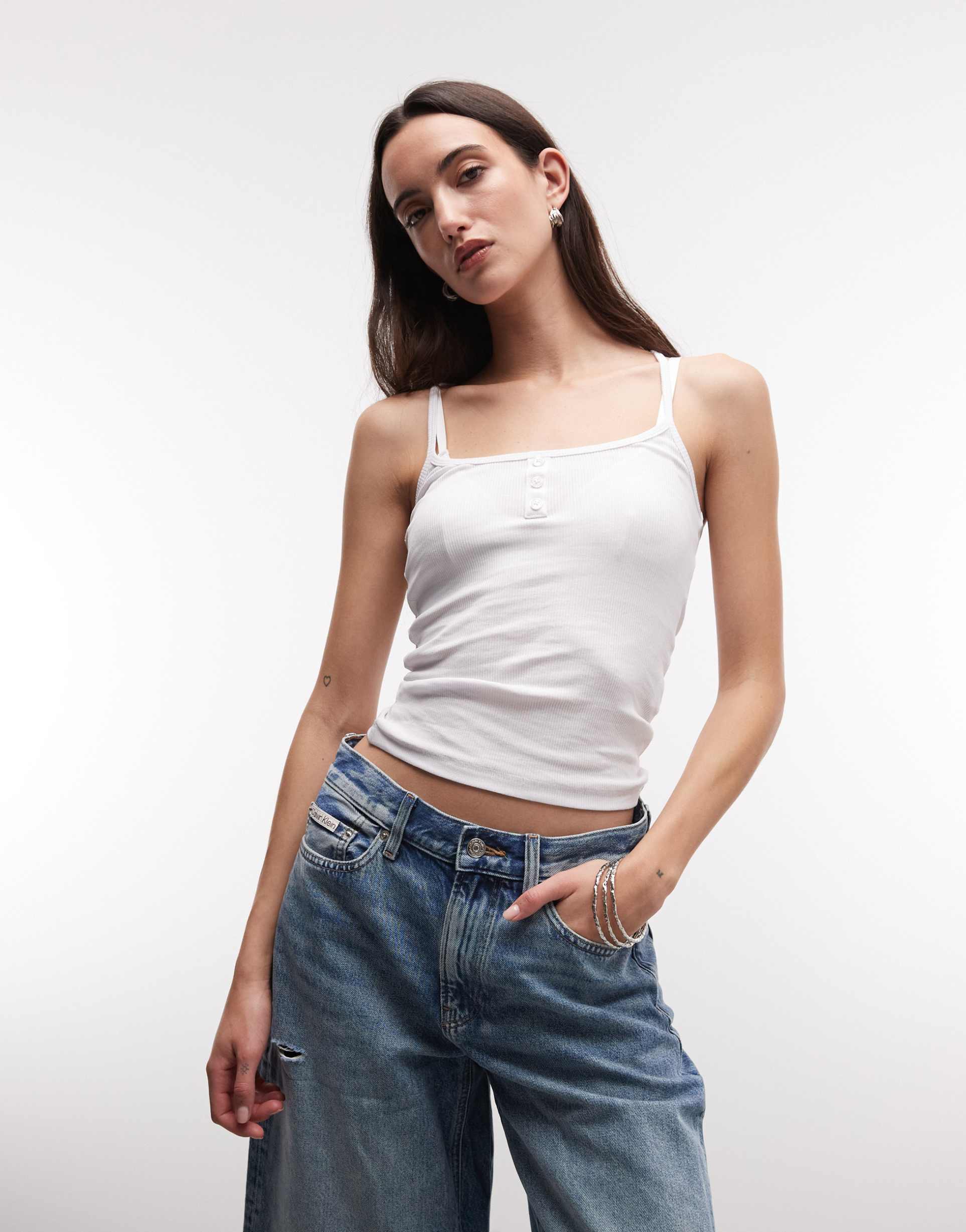 collusion racer back henley cami in white