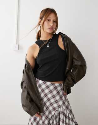 Collusion Racer Tank Top In Semi Sheer Stripe-black