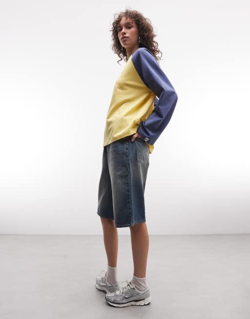 COLLUSION raglan branded tee in yellow and navy, 2 of 4