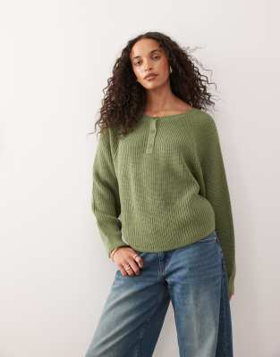 Collusion Raglan Button Up Knit Sweater-green In Green