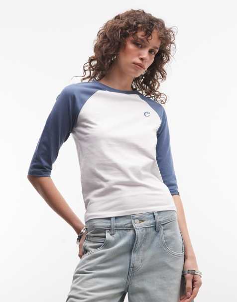 COLLUSION raglan fitted t-shirt with 3/4 sleeve in blue and white