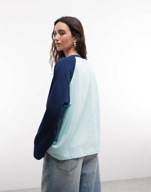COLLUSION Raglan-Langarmshirt in Boxy-Passform in Aqua und Marineblau, 3 von 4