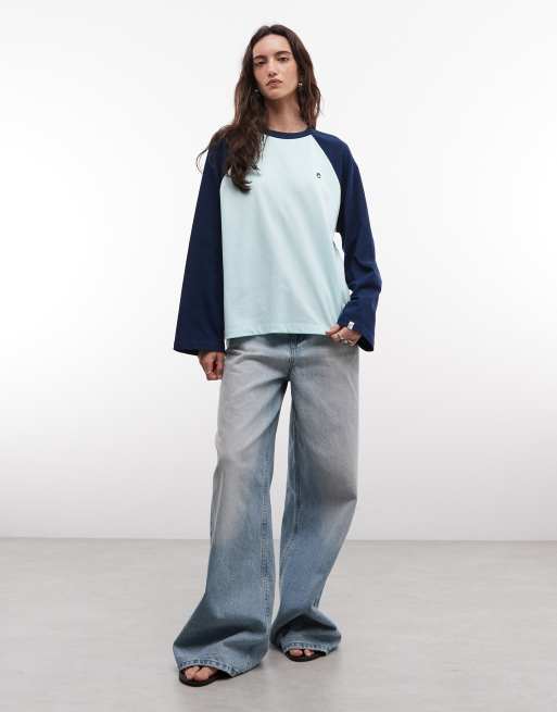 COLLUSION Raglan-Langarmshirt in Boxy-Passform in Aqua und Marineblau, 4 von 4