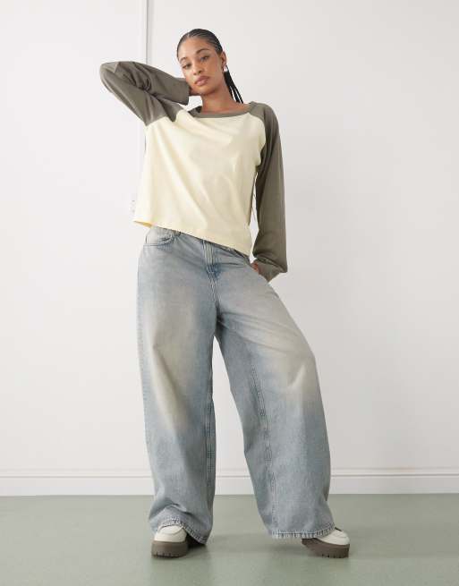 COLLUSION raglan long sleeve boxy T-shirt in buttermilk khaki