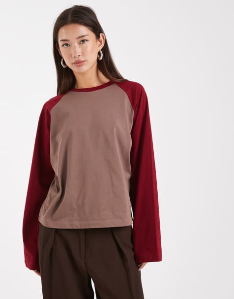 COLLUSION raglan long sleeve boxy t-shirt in chocolate and burgundy