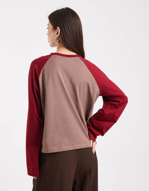 COLLUSION raglan long sleeve boxy t-shirt in chocolate and burgundy, 4 of 4