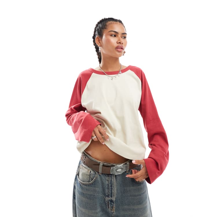 COLLUSION raglan long sleeve boxy t-shirt in ecru burgundy