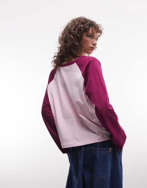 COLLUSION raglan long sleeve boxy t-shirt in pink purple contrast, 4 of 4