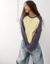 COLLUSION raglan long sleeve boxy t-shirt in ecru burgundy contrast