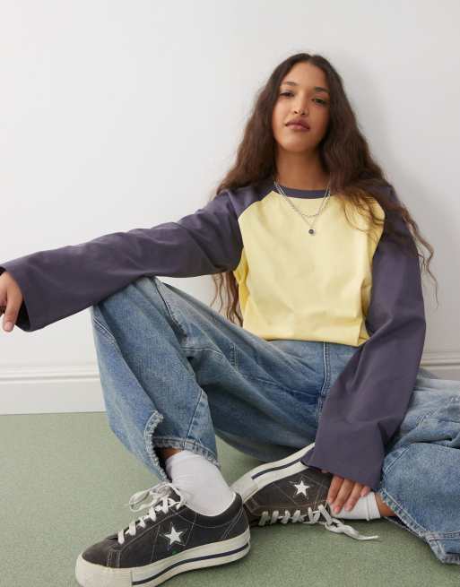 COLLUSION raglan long sleeve boxy T-shirt in yellow blue contrast