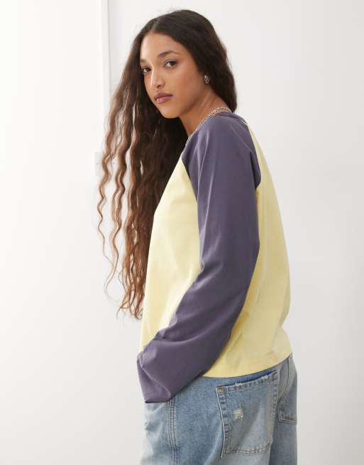 COLLUSION raglan long sleeve boxy T-shirt in yellow blue contrast