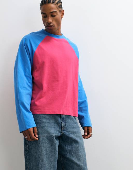 COLLUSION raglan long sleeve boxy tee in burg + blue, 3 of 10