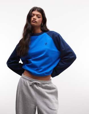 Collusion Raglan Long Sleeve Boxy Tshirt In Blue