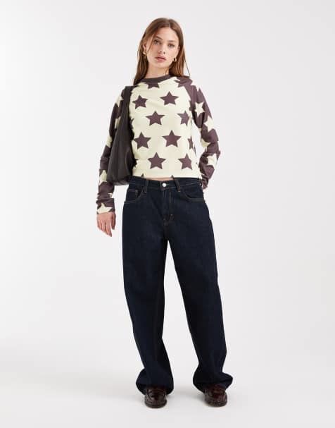 COLLUSION - Raglan T-shirt met lange mouwen en sterrenprint in chocoladebruin en lichtgeel - view 1