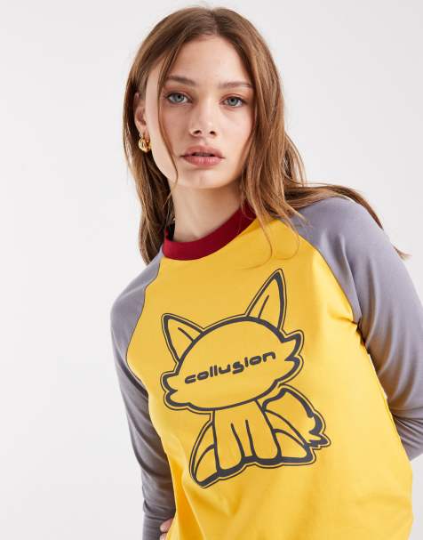 COLLUSION raglan t-shirt with cat illustration graphic in yellow
