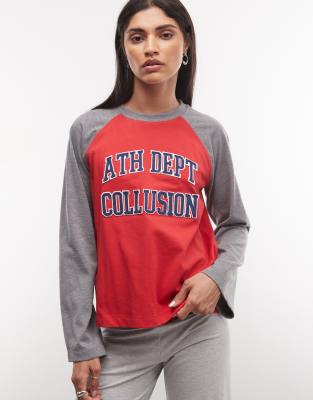 Collusion Raglan Varsity Long Sleeve Boxy T-shirt-red