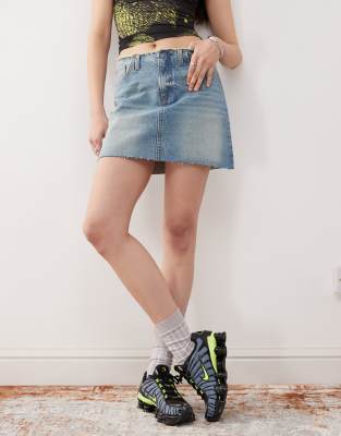 Collusion Raw Hem Denim Mini Skirt In Blue