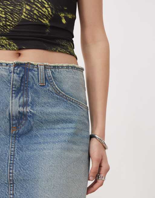 COLLUSION raw hem denim mini skirt in midwash, 5 of 5