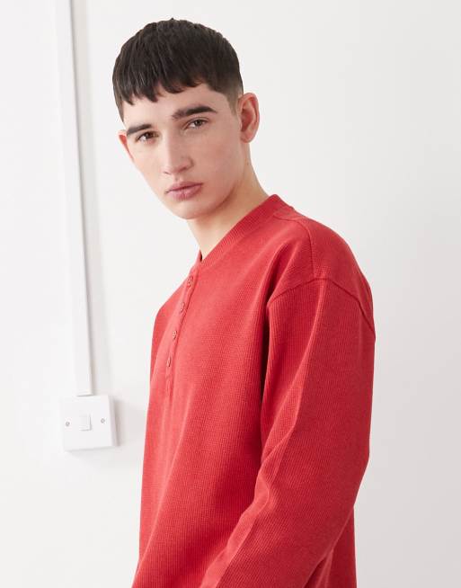 COLLUSION - Rød forvasket og langærmet henley-top i kraftig piqué med firkantet pasform, 4 af 5