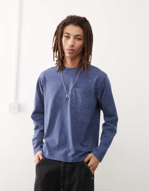 COLLUSION - Recht T-shirt met lange mouwen en wassing in blauw