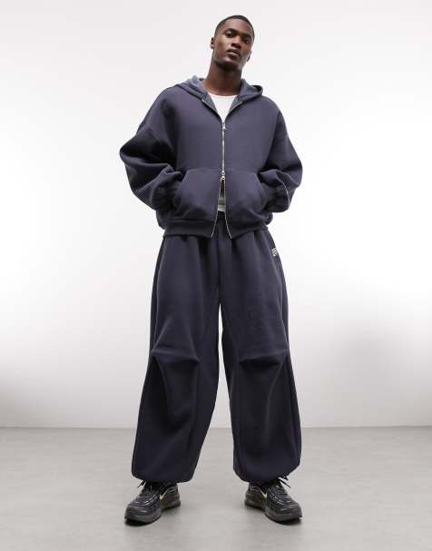 COLLUSION - Rechte hoodie van zware stof met rits in marineblauw - view 1