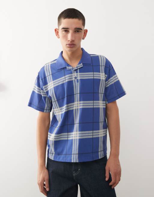 COLLUSION - Rechte oversized geruite polo in blauw, 2 van 5