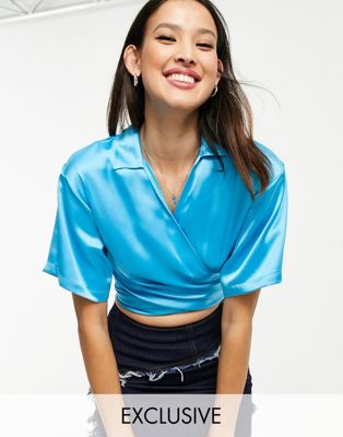 COLLUSION recycled polyester satin wrap crop shirt in light blue