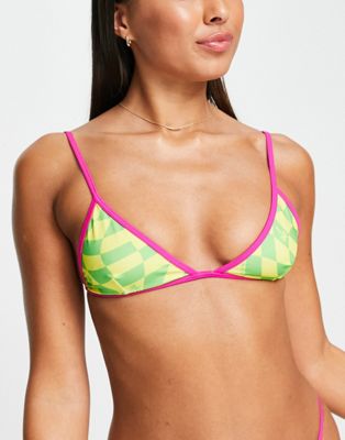 COLLUSION warped check print triangle bikini top in multi  - MULTI