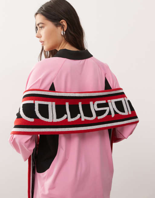 COLLUSION red and black striped star soccer logo scarf in multi