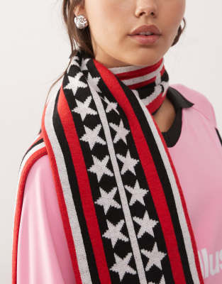 Collusion Red And Black Striped Star Soccer Logo Scarf In Multi