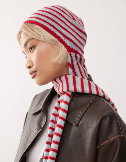 COLLUSION red stripe 2 in 1 beanie scarf in multi
