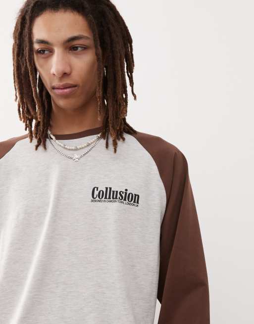 COLLUSION – Reglanowy T-shirt w brązowy i szarym melanżowym kolorze, 4 z 4