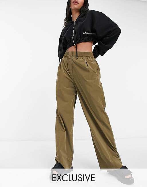 COLLUSION relaxed fit nylon trousers in dark khaki