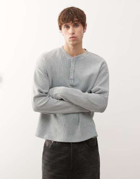 COLLUSION relaxed long sleeve henley t-shirt in washed blue - view 1