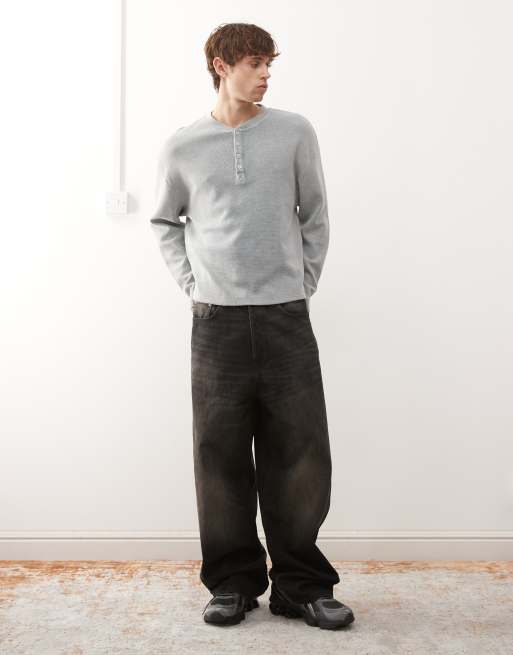 COLLUSION relaxed long sleeve henley t-shirt in washed blue