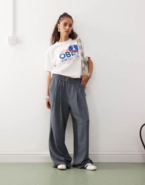 COLLUSION relaxed pull on trouser in navy stripe - view 1