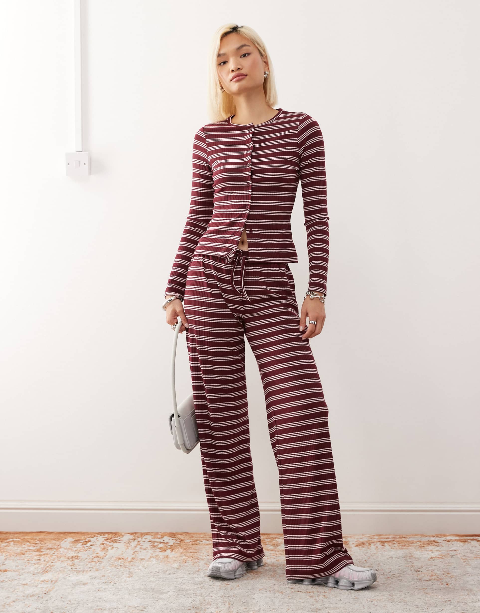 collusion relaxed rib pants in maroon stripe - part of a set