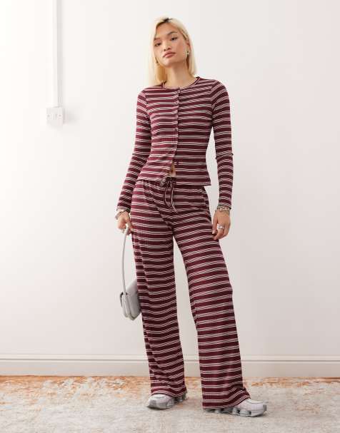 COLLUSION relaxed rib trousers in maroon stripe co-ord - view 1