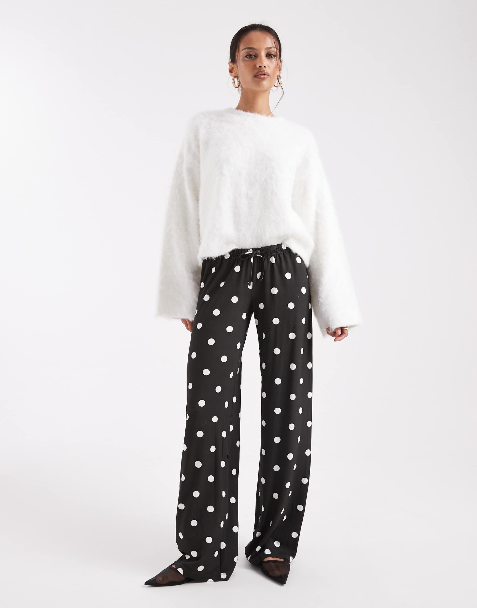 collusion relaxed ribbed pants in black and white polka dot