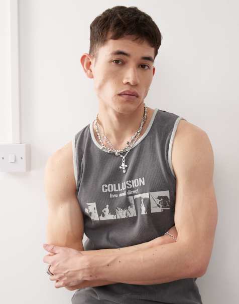 COLLUSION relaxed skater fit singlet in washed black with graphic - view 1